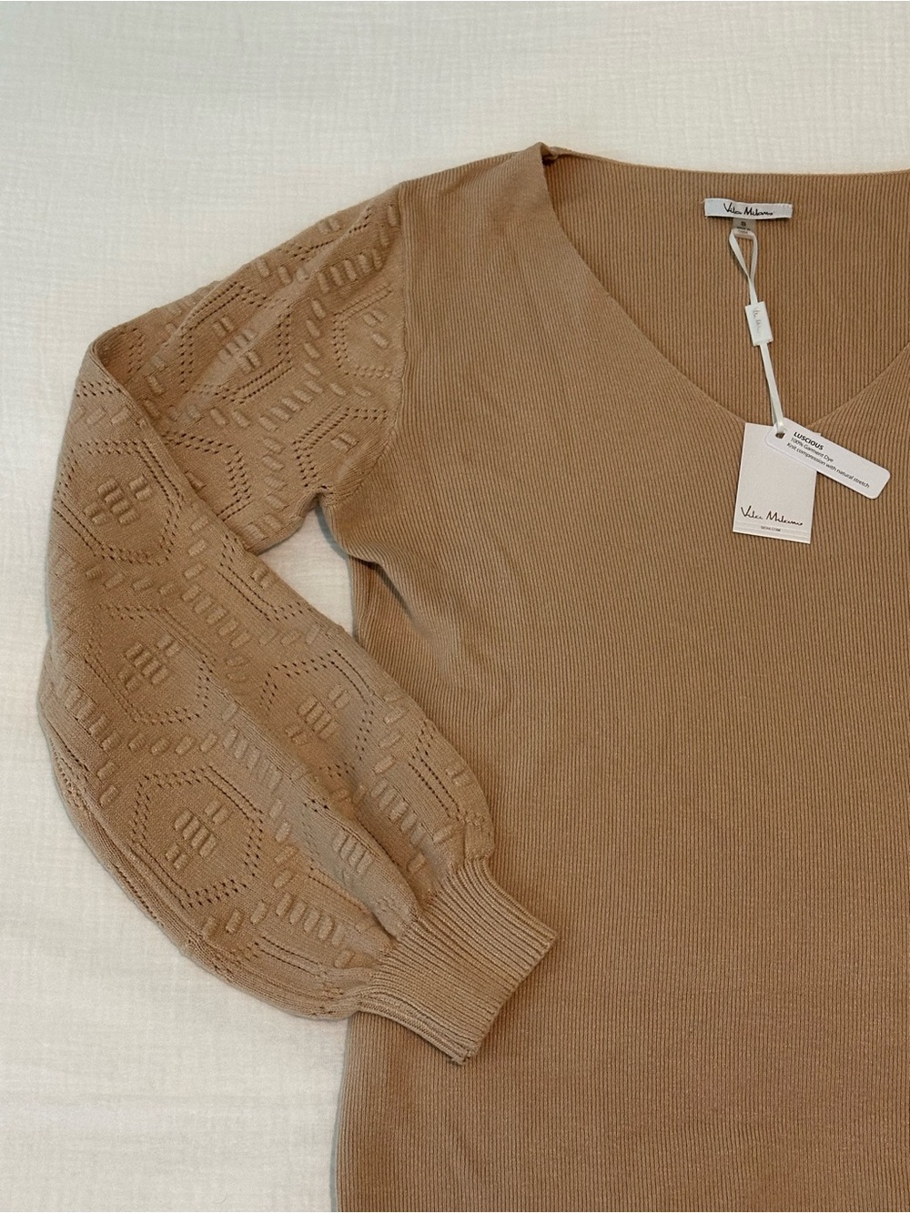 NWT Vince Milano Ribbed V-Neck Sweater in Warm Tan